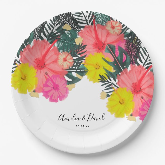 Hibiscus Hawaii Tropical Hand Drawn Bright Wedding Paper Plate (Front)