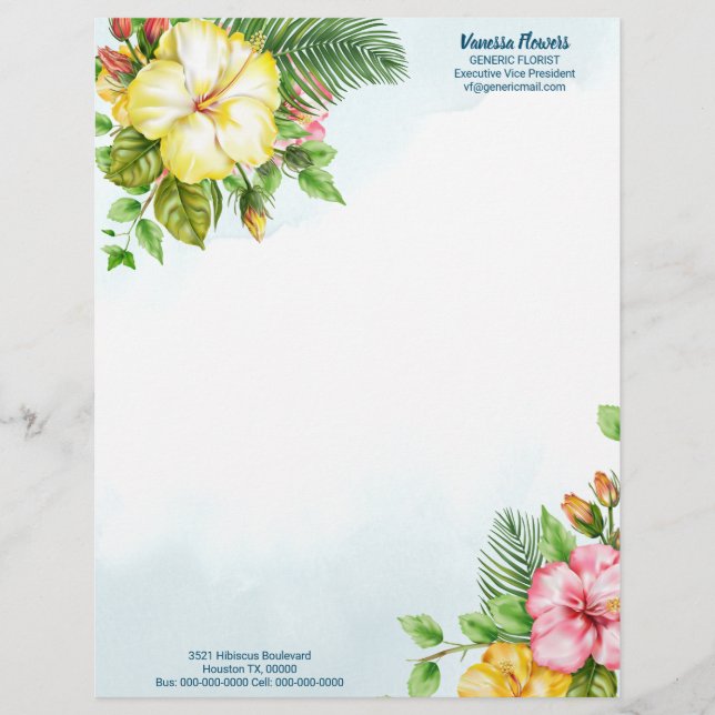 Hibiscus Hawaiian Tropical Floral Custom Letterhead (Front)