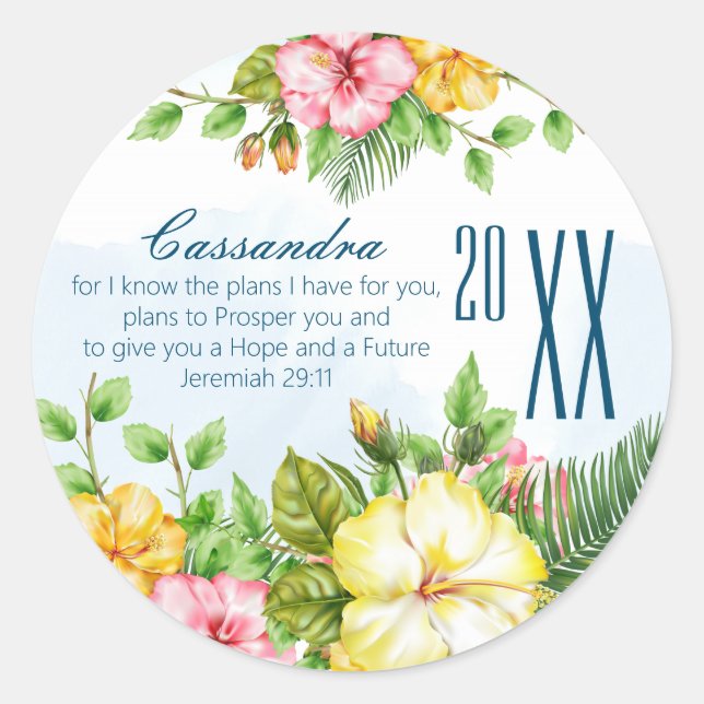 Hibiscus Hawaiian Tropical Floral Graduation Classic Round Sticker (Front)