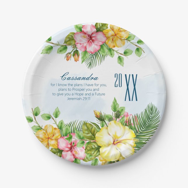 Hibiscus Hawaiian Tropical Floral Graduation Paper Plate (Front)