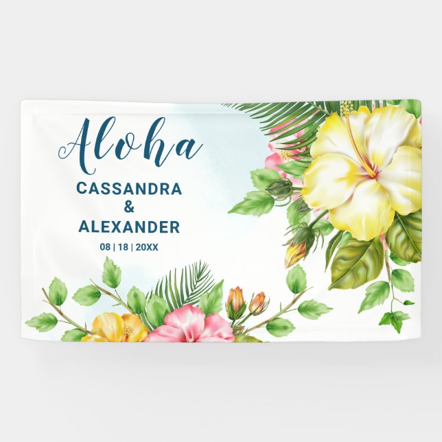 Hibiscus Hawaiian Tropical Floral Wedding Backdrop Banner (Horizontal)