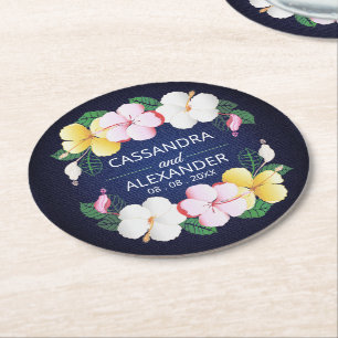 Hibiscus Hawaiian Tropical Floral Wedding Round Paper Coaster