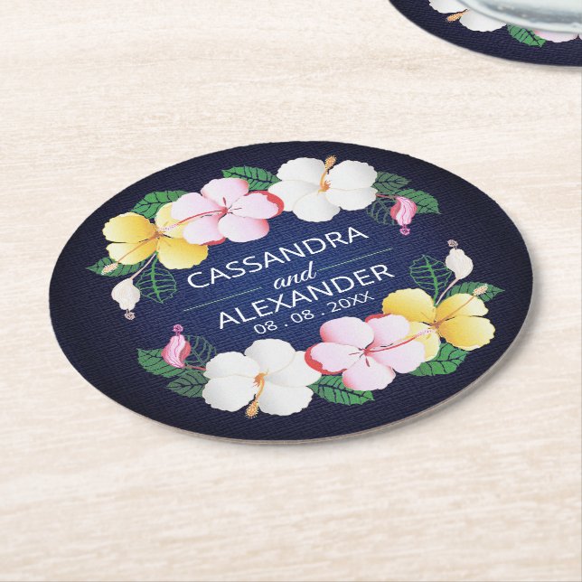Hibiscus Hawaiian Tropical Floral Wedding Round Paper Coaster (Angled)
