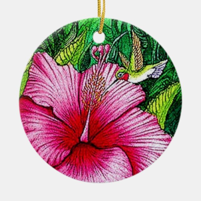 Hibiscus Hummingbird  Ceramic Tree Decoration (Front)