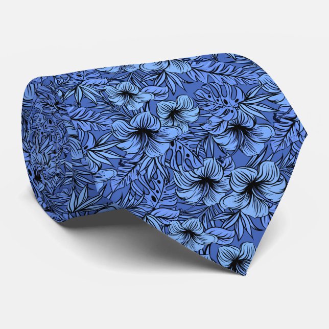 Hibiscus in Blue Pattern  Tie (Rolled)