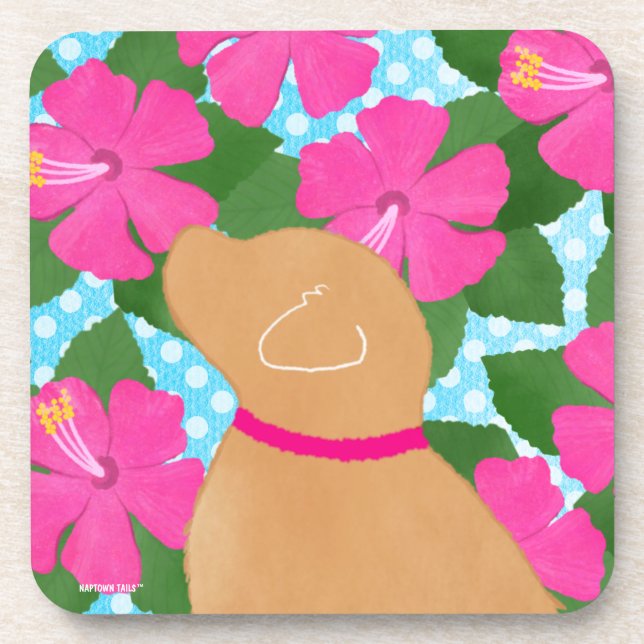 Hibiscus Island Yellow Dog Coaster Set (Front)