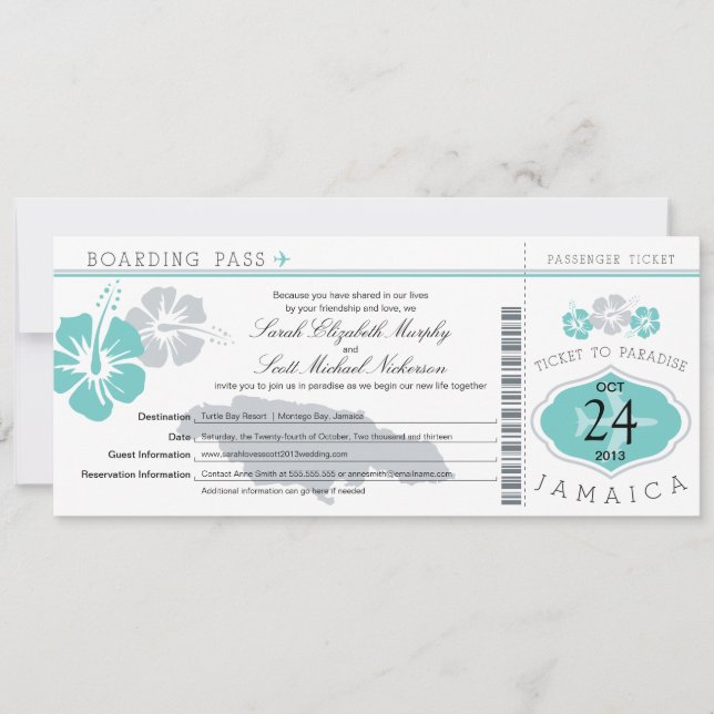 Hibiscus Jamaica Boarding Pass Wedding Invitation (Front)