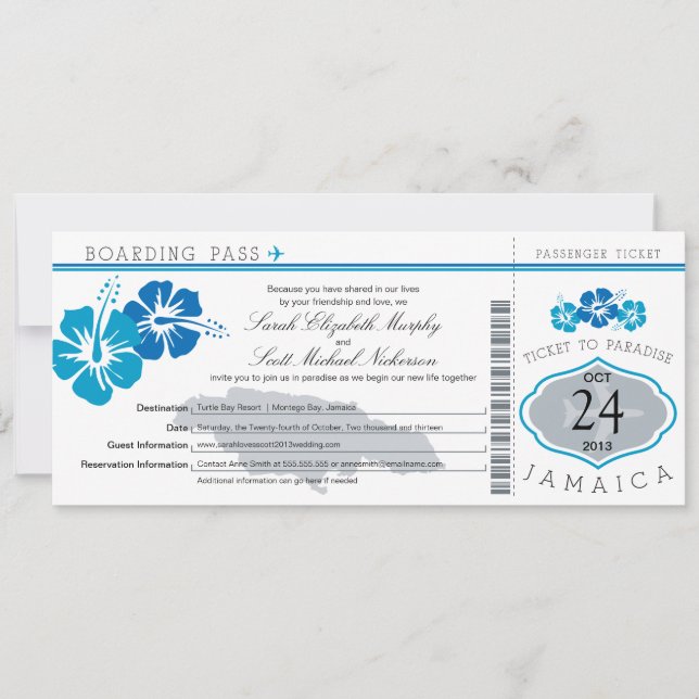 Hibiscus Jamaica Boarding Pass Wedding Invitation (Front)