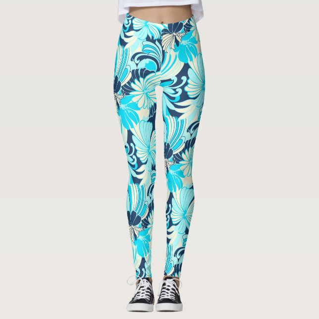 Hibiscus Jungle Hawaiian Tropical Floral Aqua Leggings (Front)