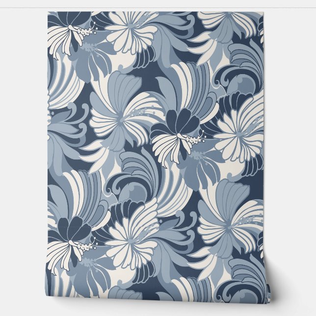 Hibiscus Jungle Hawaiian Tropical Floral - Denim  Wallpaper (Unrolling)