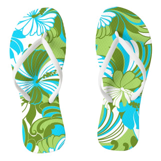 Hibiscus Jungle Hawaiian Tropical Floral Lime Flip Flops (Footbed)
