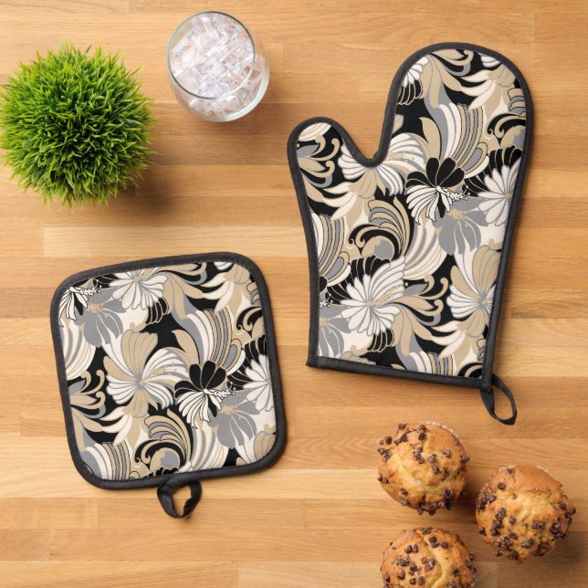 Hibiscus Jungle Hawaiian Tropical Floral Neutral Oven Mitt & Pot Holder Set (Top Down)