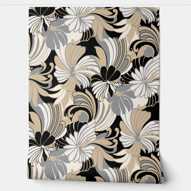 Hibiscus Jungle Hawaiian Tropical Floral - Neutral Wallpaper (Unrolling)