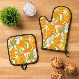 Hibiscus Jungle Hawaiian Tropical Floral Orange Oven Mitt & Pot Holder Set