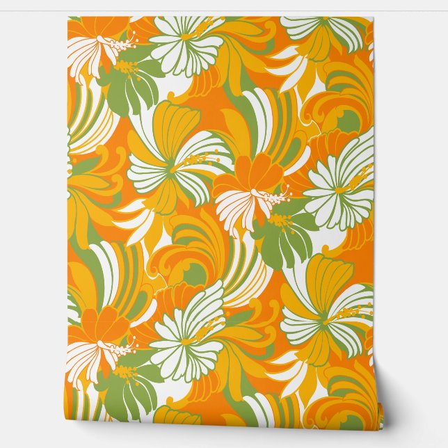 Hibiscus Jungle Hawaiian Tropical Floral - Orange Wallpaper (Unrolling)