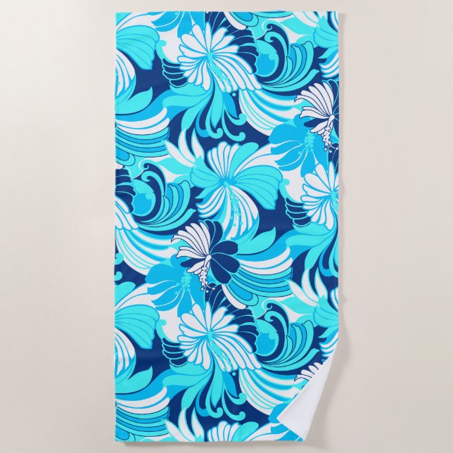 Hibiscus Jungle Hawaiian Tropical Floral - Turq Beach Towel (Front)