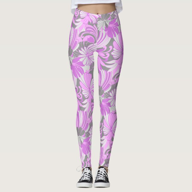 Hibiscus Jungle Hawaiian Tropical Floral Violet Leggings (Front)
