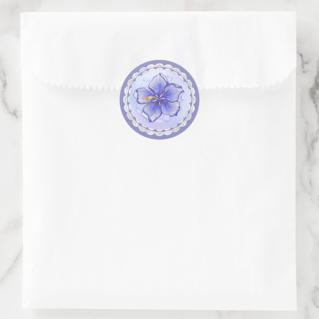 Hibiscus & lace BLUE Classic Round Sticker (Bag)