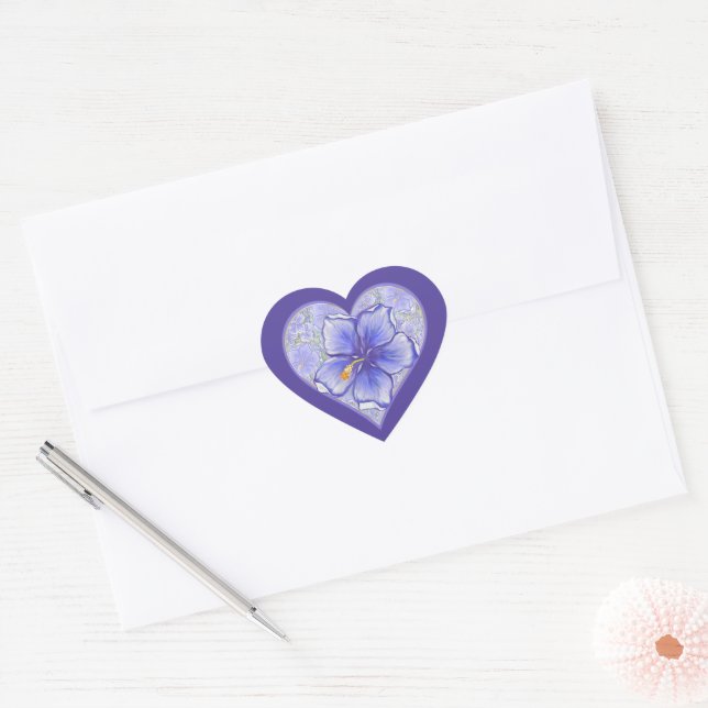 Hibiscus & lace BLUE Heart Sticker (Envelope)