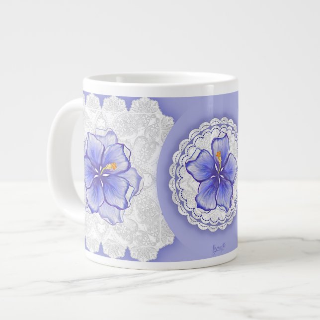 Hibiscus & lace BLUE Large Coffee Mug (Front Left)