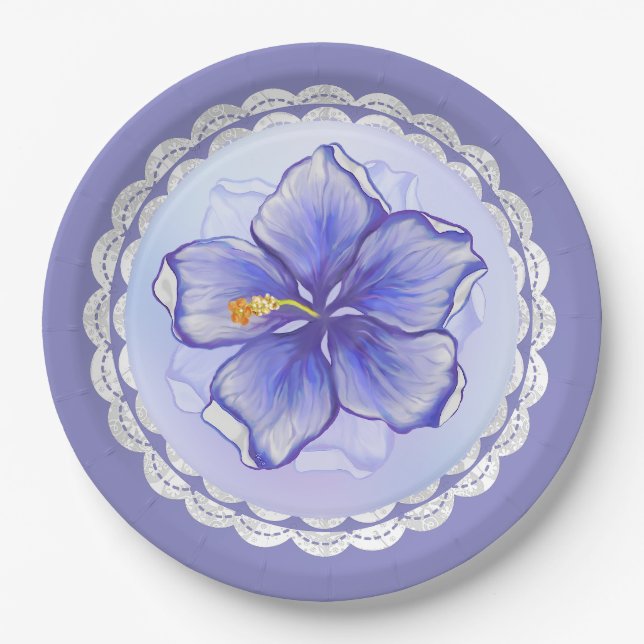 Hibiscus & lace BLUE Paper Plate (Front)