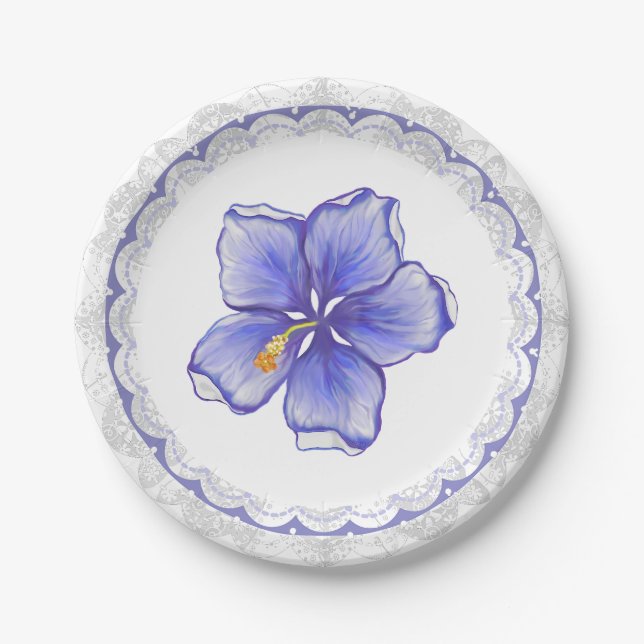 Hibiscus & lace BLUE Paper Plate (Front)