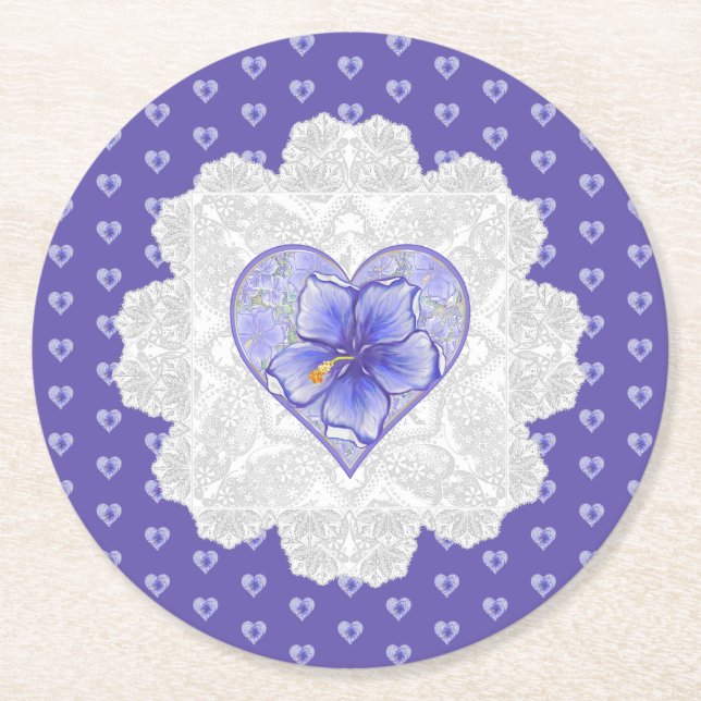 Hibiscus & lace BLUE Round Paper Coaster (Front)