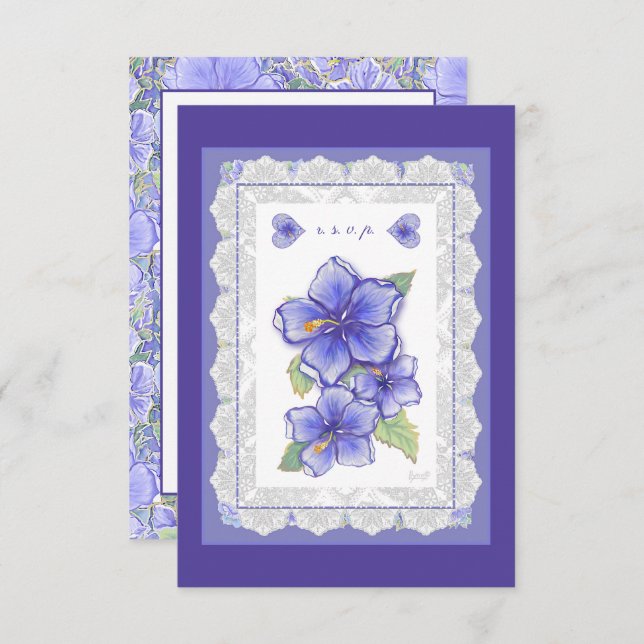 Hibiscus & lace BLUE RSVP Card (Front/Back)