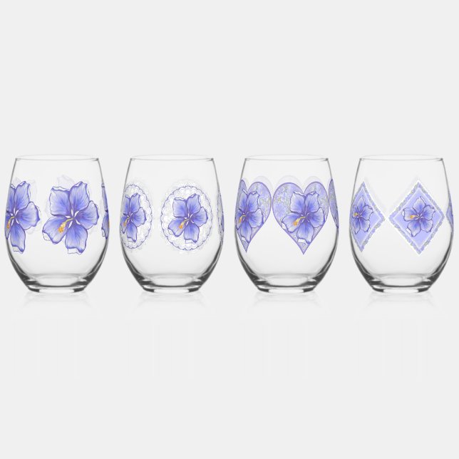 Hibiscus & lace BLUE Stemless Wine Glass (Front)