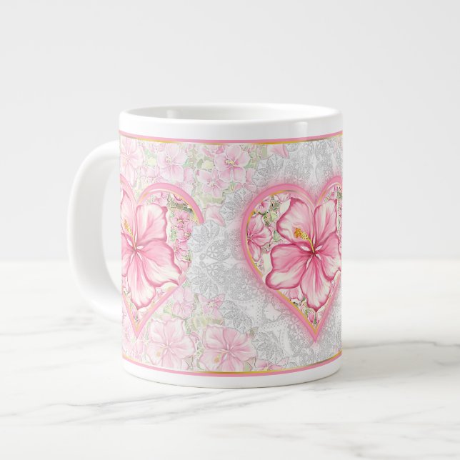 Hibiscus & lace PINK Large Coffee Mug (Front Left)