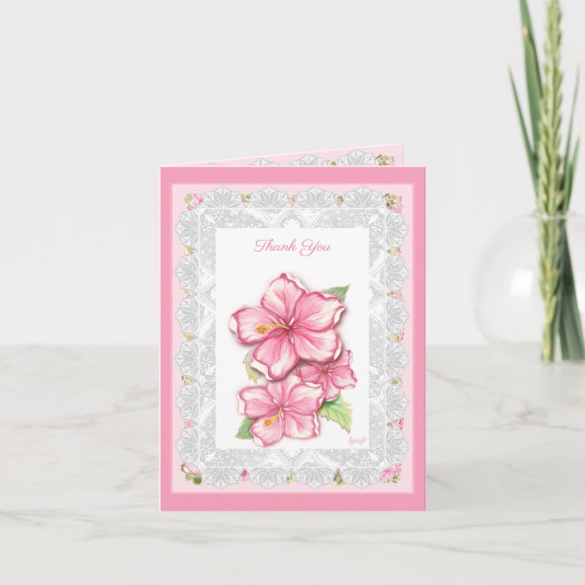 Hibiscus & lace PINK Note Card (Front)
