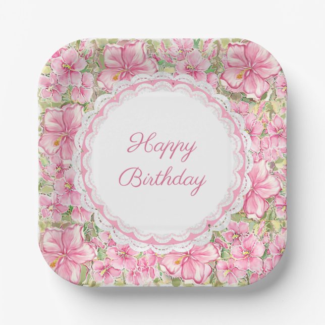Hibiscus & lace PINK Paper Plate (Front)