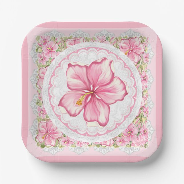 Hibiscus & lace PINK Paper Plate (Front)