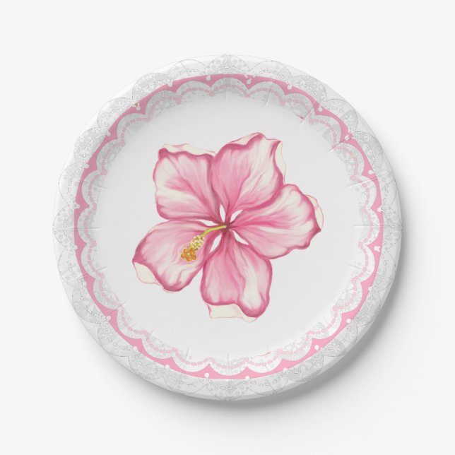 Hibiscus & lace PINK Paper Plate (Front)