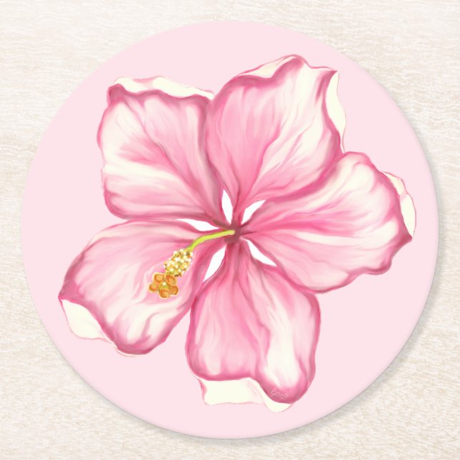 Hibiscus & lace PINK Round Paper Coaster (Front)