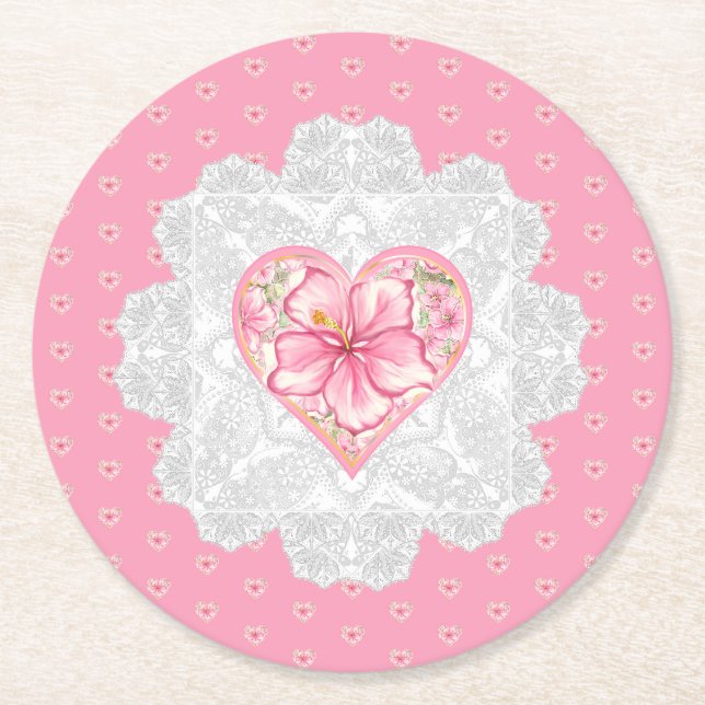 Hibiscus & lace PINK Round Paper Coaster (Front)