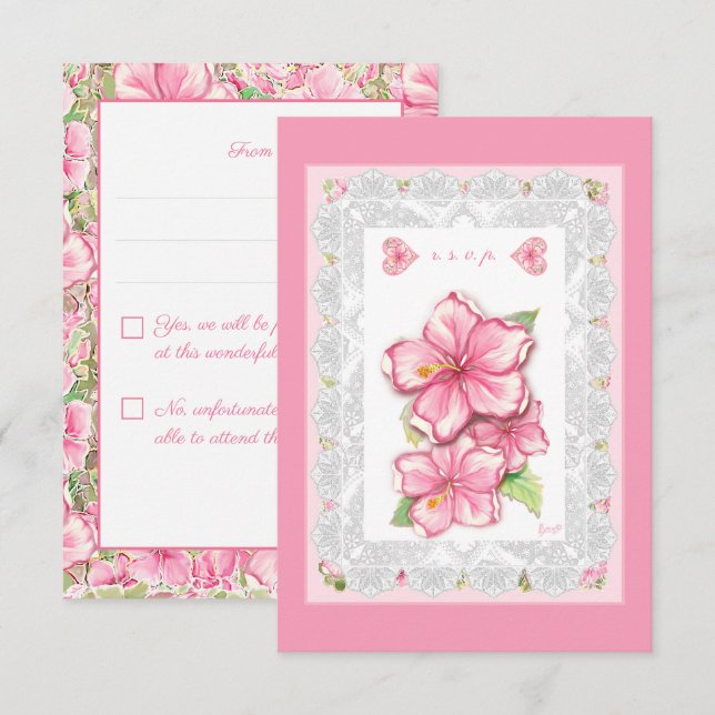 Hibiscus & lace PINK RSVP Card (Front/Back)