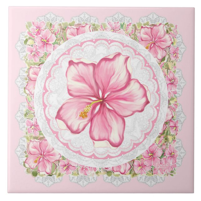 Hibiscus & lace PINK Tile (Front)