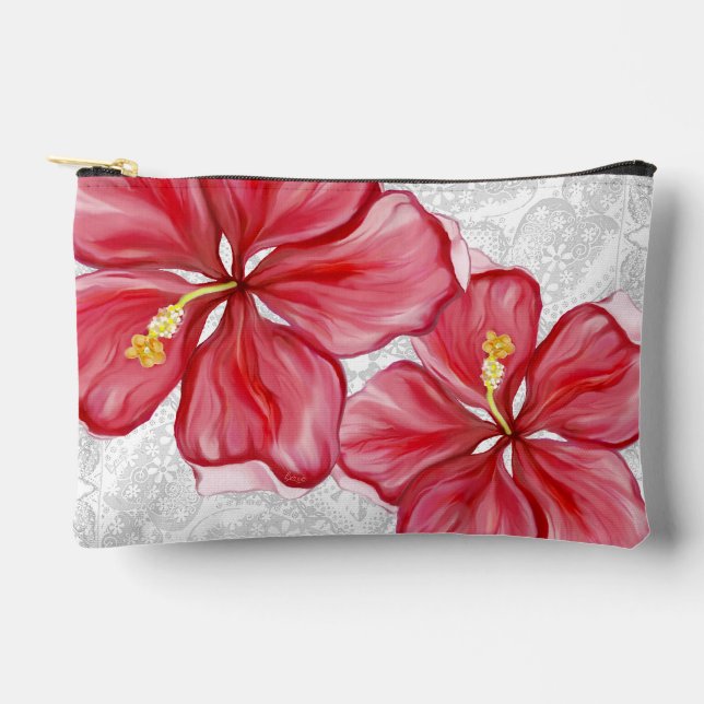 Hibiscus & lace RED Accessory Pouch (Front)