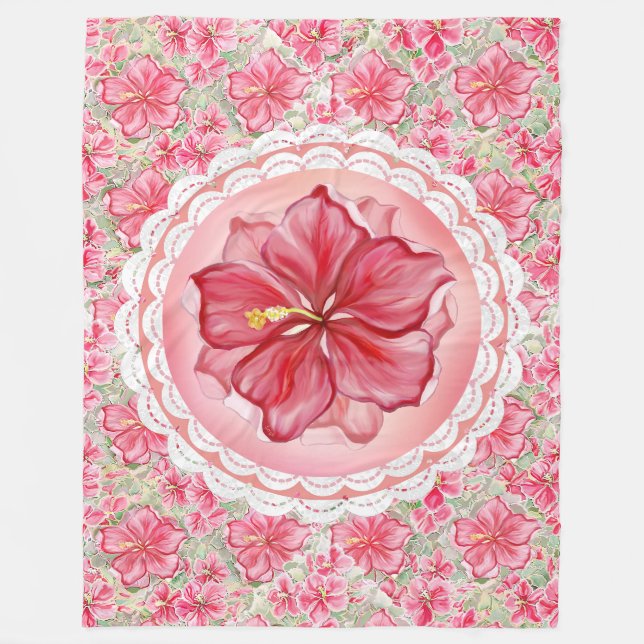 Hibiscus & lace RED Fleece Blanket (Front)
