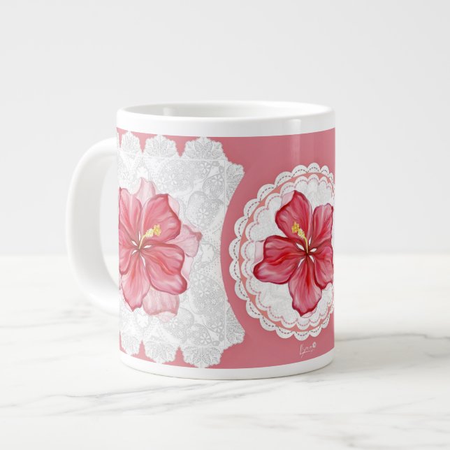 Hibiscus & lace RED Large Coffee Mug (Front Left)