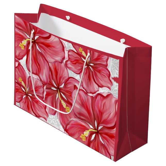 Hibiscus & lace RED Large Gift Bag (Front Angled)
