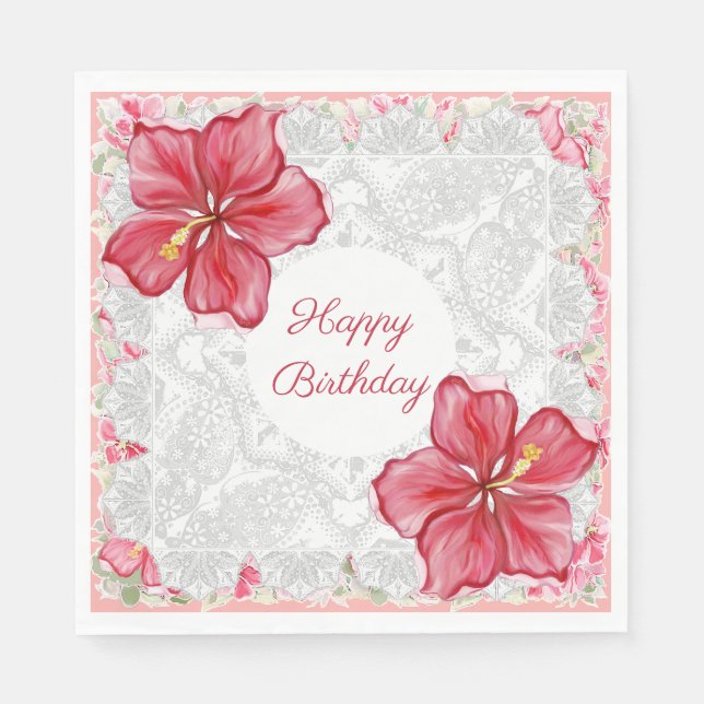 Hibiscus & lace RED Napkin (Front)