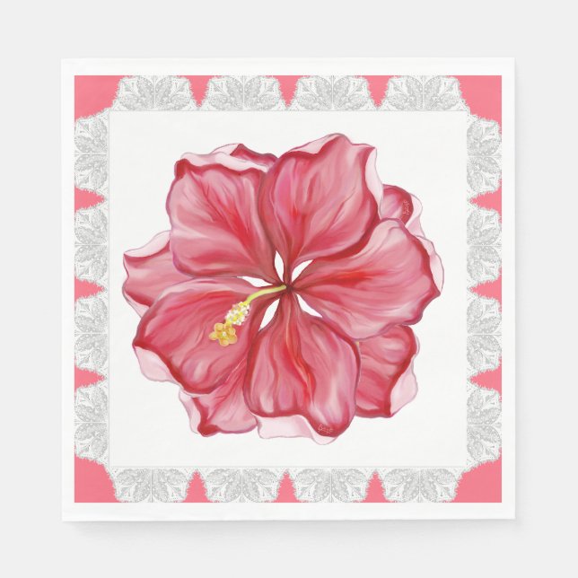 Hibiscus & lace RED Napkin (Front)