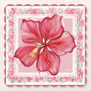 Hibiscus & lace RED Paper Coaster