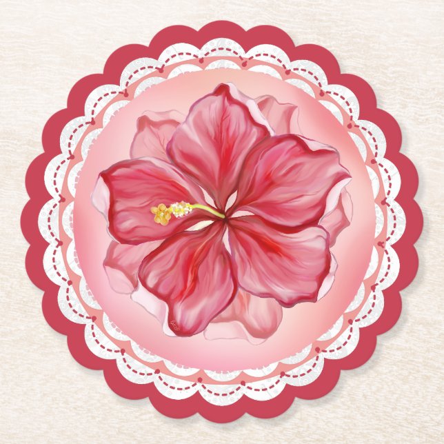 Hibiscus & lace RED Paper Coaster (Front)