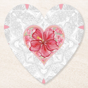 Hibiscus & lace RED Paper Coaster