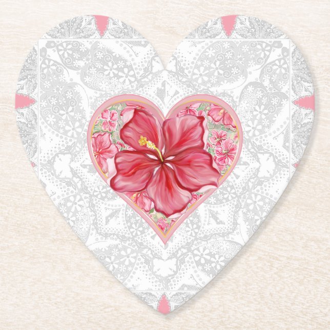 Hibiscus & lace RED Paper Coaster (Front)
