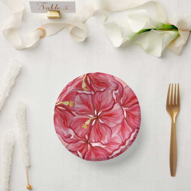 Hibiscus & lace RED Paper Plate (Wedding)