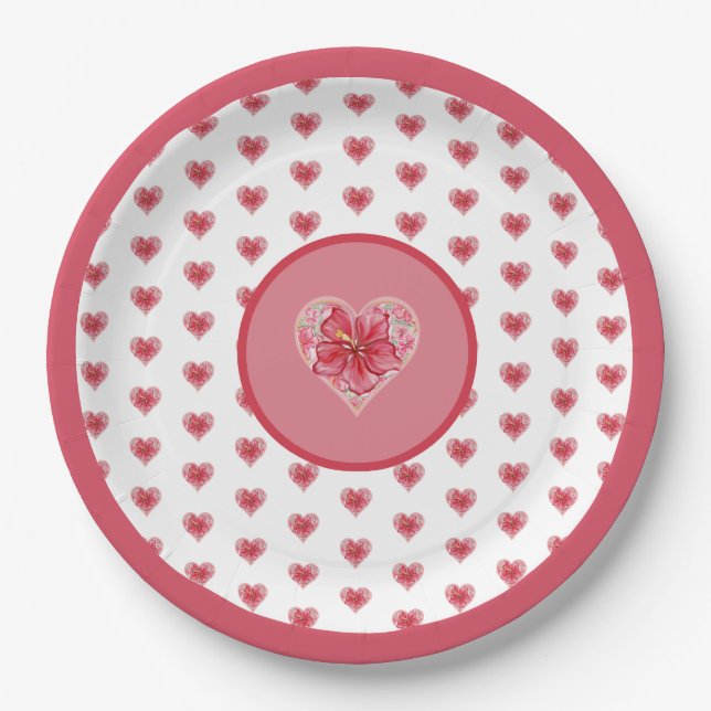 Hibiscus & lace RED Paper Plate (Front)